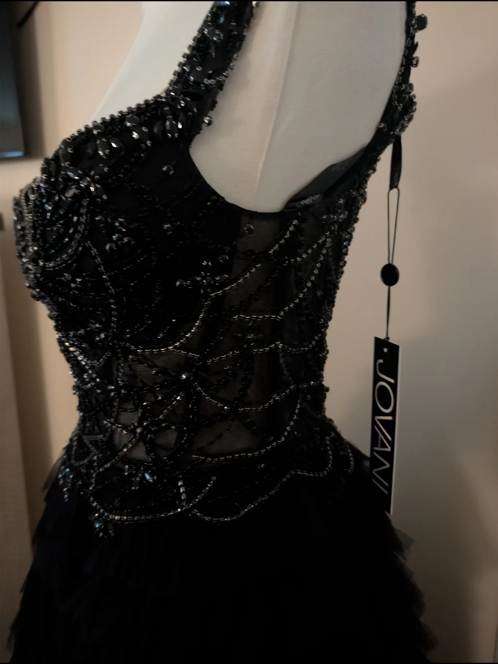 Jovani Black Beaded Corset Tulle Ruffled Ball Gown Prom Dress 0